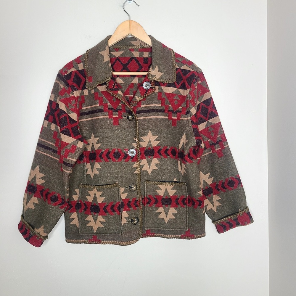 VTG Woolrich Southwest Aztec Reversible Wool Blend‎ Jacket Coat Size S 00s Y2K